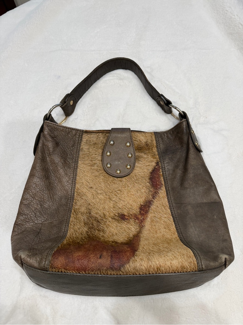 Maurizio Taiuti Brown Leather and Haircalf Shoulder Bag